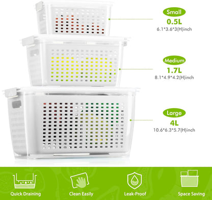 LUXEAR Produce containers for fridge,3 Set Fruit Containers with Removable Colander, BPA-Free Produce Saver Containers with Lids Dishwasher&Microwave Safe Keep Fruits, Vegetables, Berry, Fresh Longer