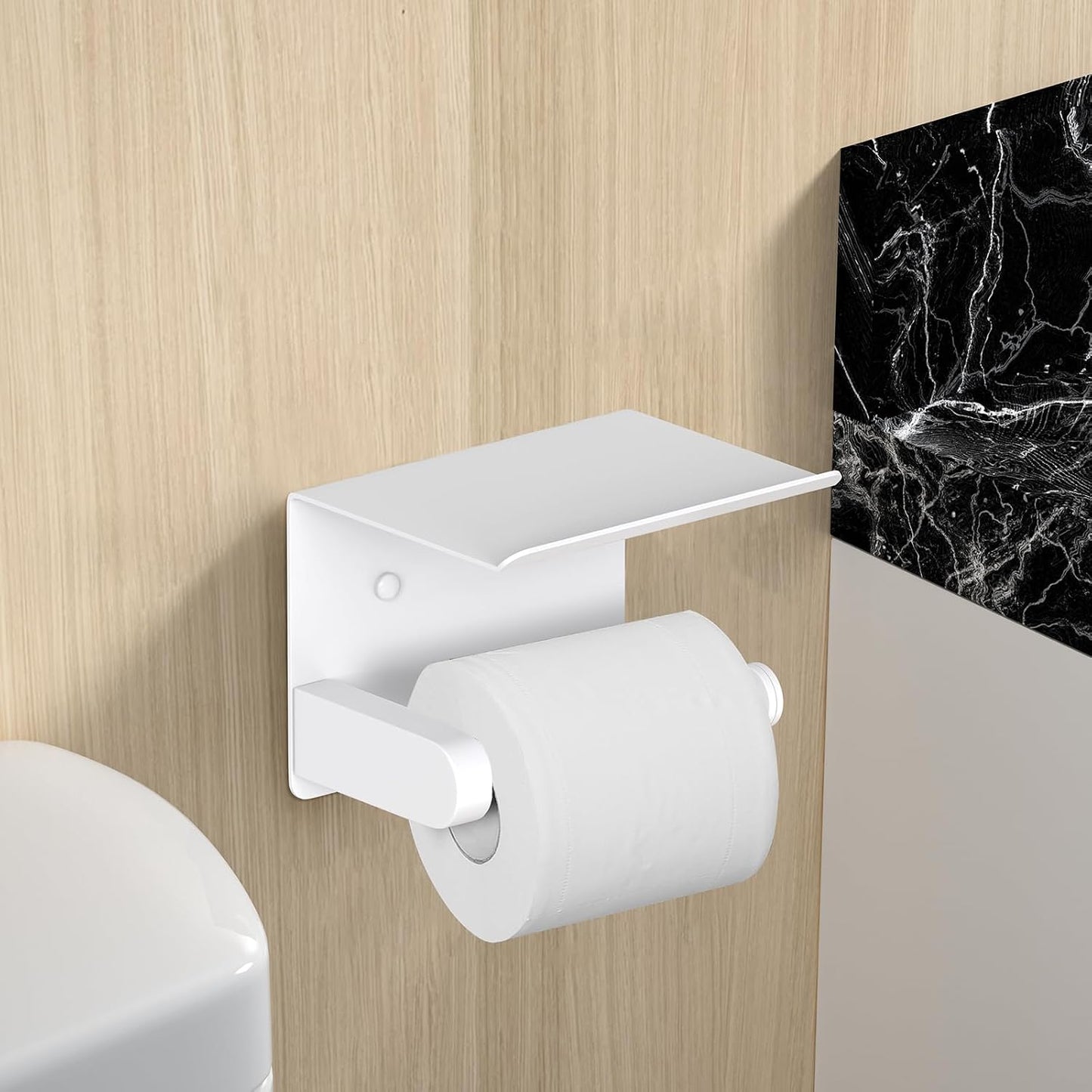 VAEHOLD Self Adhesive Toilet Paper Holder with Phone Shelf Stainless Steel Wall Mounted Toilet Paper Roll Holder - Rustproof and Bathroom Washroom Tissue Roll Holder with Shelf - Black