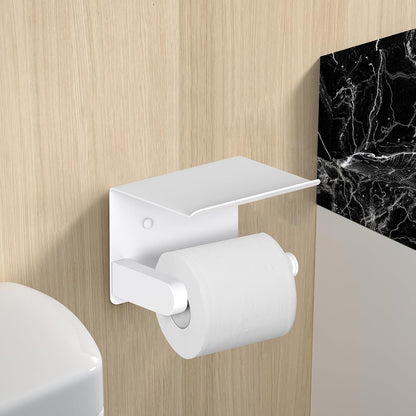 VAEHOLD Self Adhesive Toilet Paper Holder with Phone Shelf Stainless Steel Wall Mounted Toilet Paper Roll Holder - Rustproof and Bathroom Washroom Tissue Roll Holder with Shelf - Black