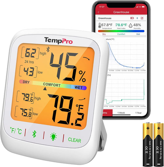 TempPro TempAir Bluetooth Hygrometer Thermometer with Large Backlit LCD | 260 ft Wireless Remote Temperature and Humidity Monitor, Indoor Room Thermometer and Humidity Gauge with Max Min Records