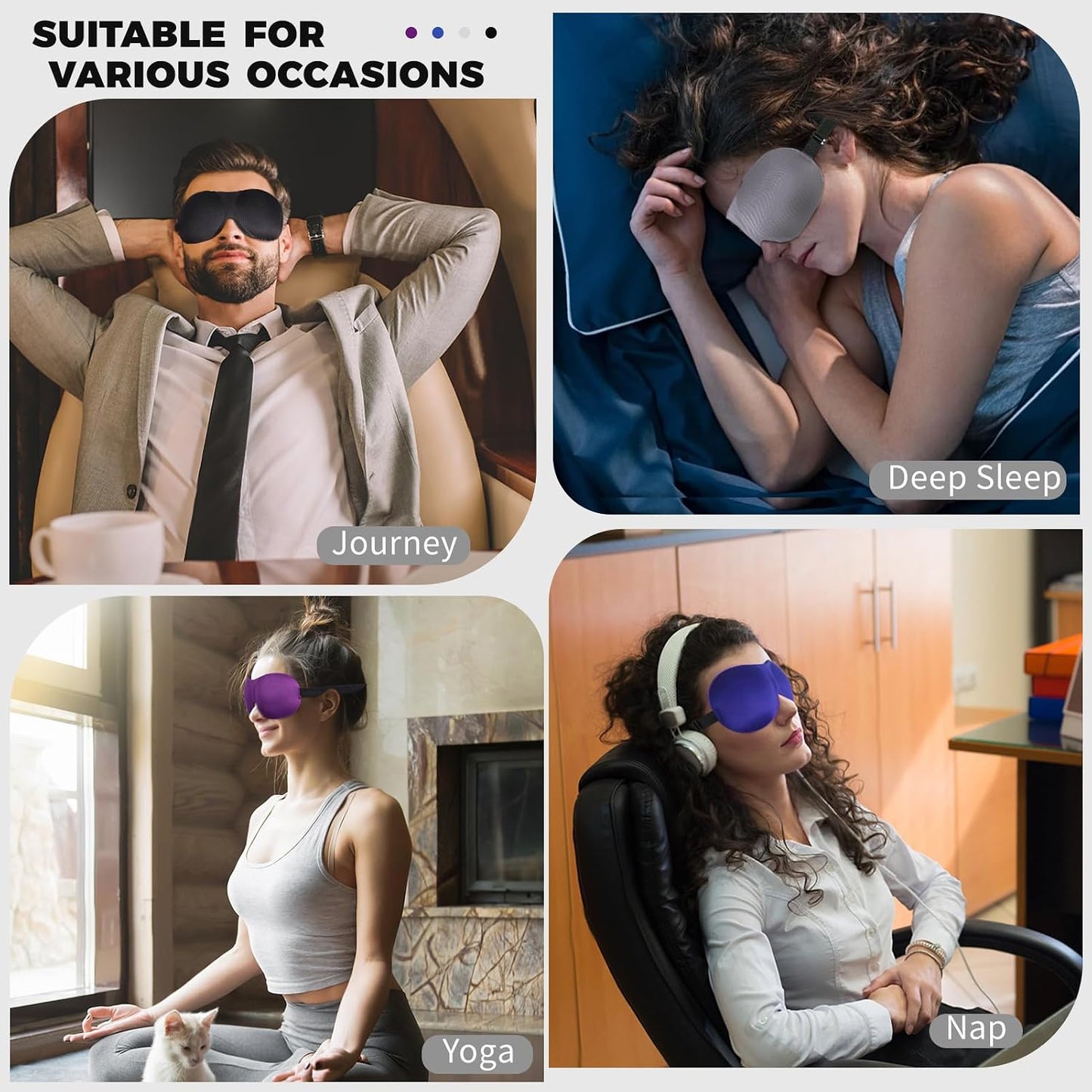 4 Pack Sleep Mask for Women and Men Adjustable Blackout 3D Eye Masks for Sleep, Blindfold with Storage Bag and Earplug for Travel Nap and Night (Black, Purple, Blue, Gray)
