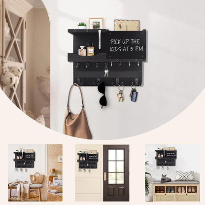 Key Holder for Wall Mount with Shelf and Mail Organizer, Key and Mail Holder with 16 Hooks, Farmhouse Entryway Organizer, Home Decor Rack (Pine Wood, White Washed)