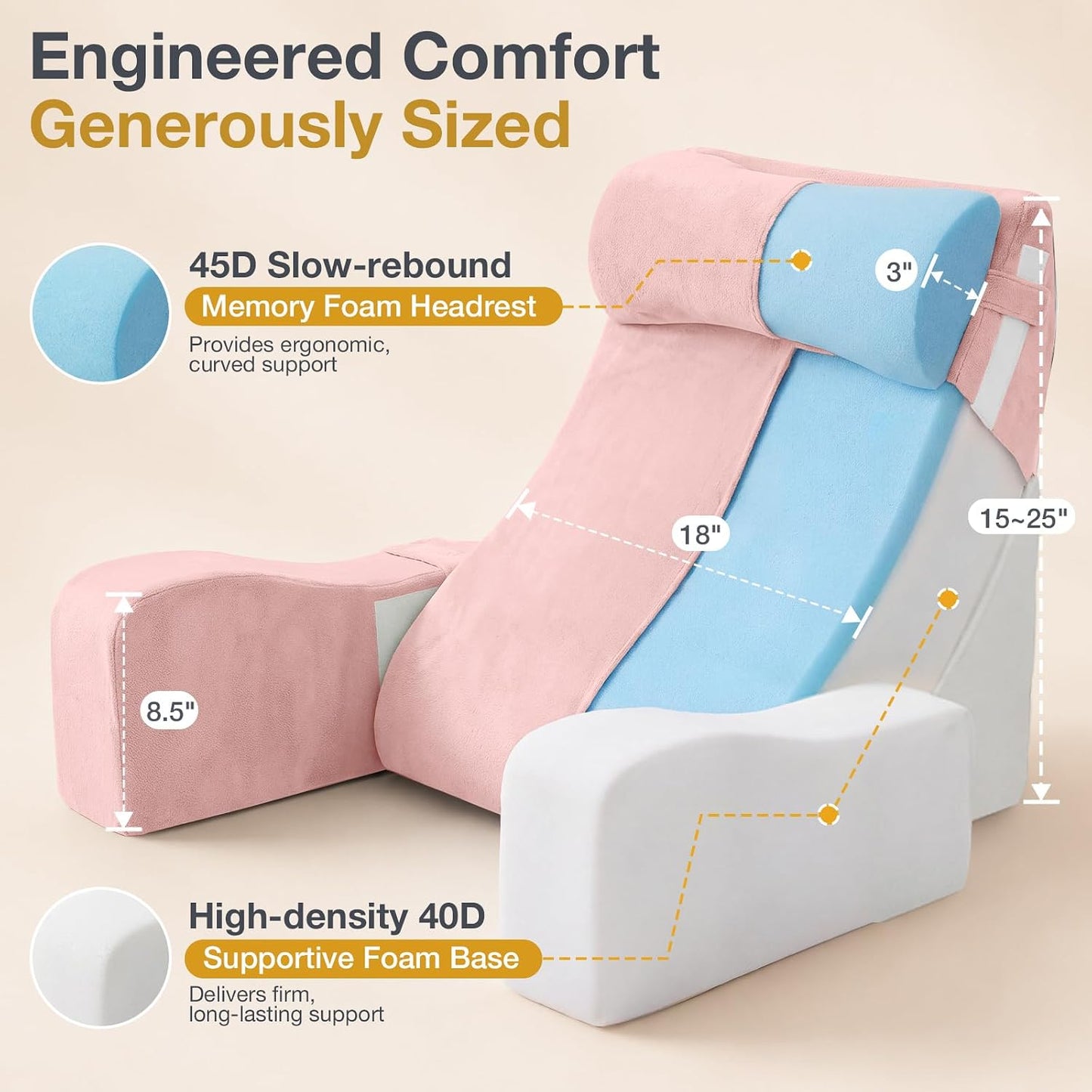 Sasttie 15-25 inch Adjustable Reading Pillow with Armrests, Dark Grey | Back Rest Pillow with Secure Side Straps, Memory Foam Back Support Cushion Bed Chair for Reading, Gaming & Relaxing