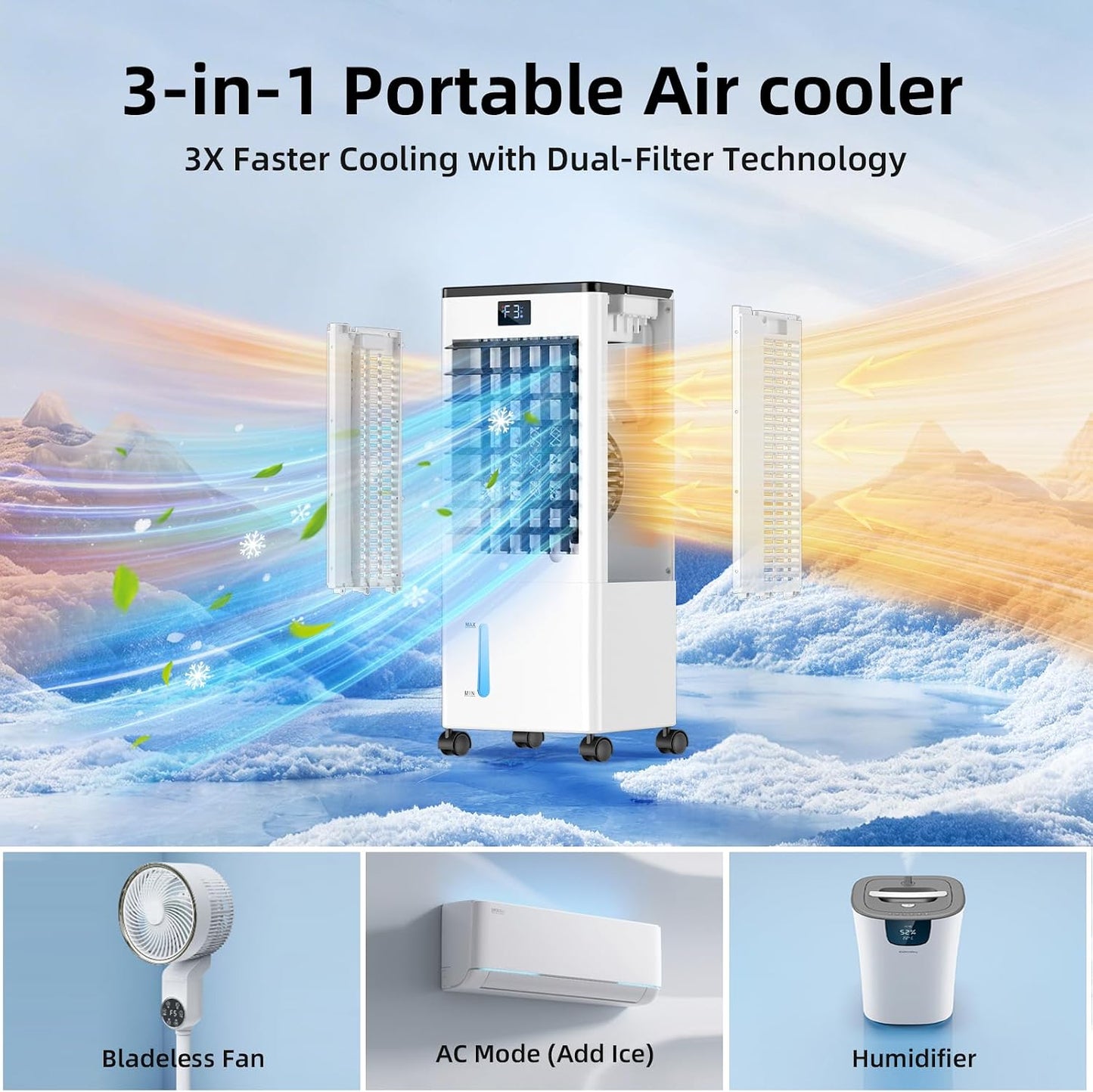 Portable Air Conditioners, Evaporative Air Cooler with Remote & LED Display, 120° Oscillation, 12H Timer, 3 Speeds & 4 Modes, 60W Energy-Efficient, Windowless Swamp Cooler for Bedroom Office Garage