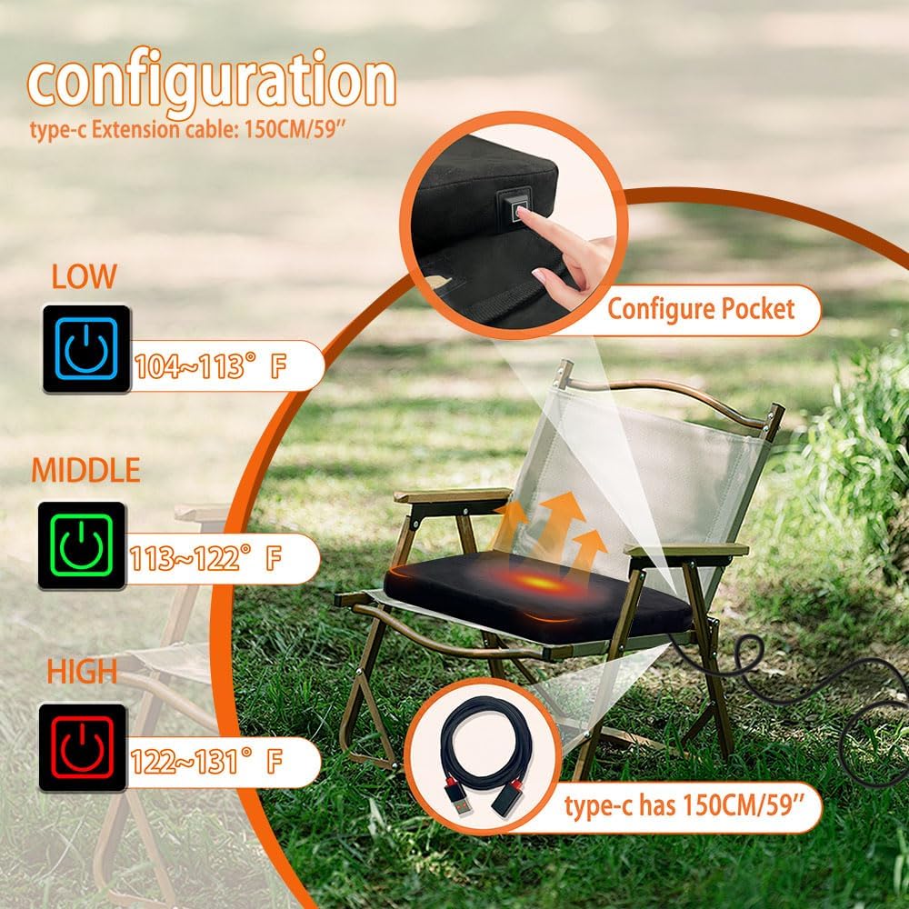 Heated Seat Cushion Foldable Memory Foam Heated Seat Pad with 3 Level Heating for Camping Fishing Office Chair Stadium Seats (Power Supply Not Included)