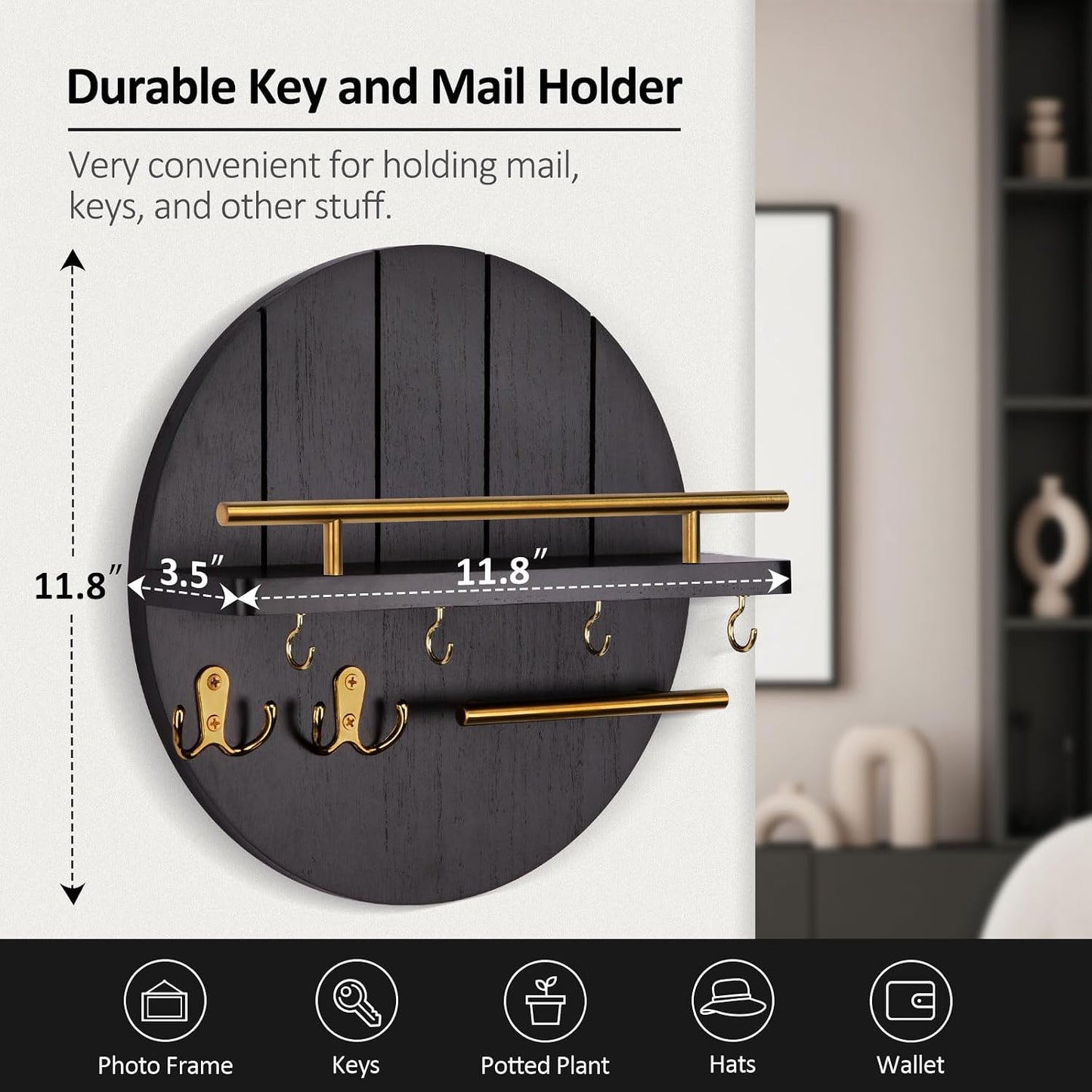 Nekon Key Holder Wall Mount, 11.8” Wood Mail Organizer for Wall, Brown | Round Wall Shelf with 6 Key Hooks, Rustic Key and Mail Holder, Key Hanger for Entryway Hallway Kitchen