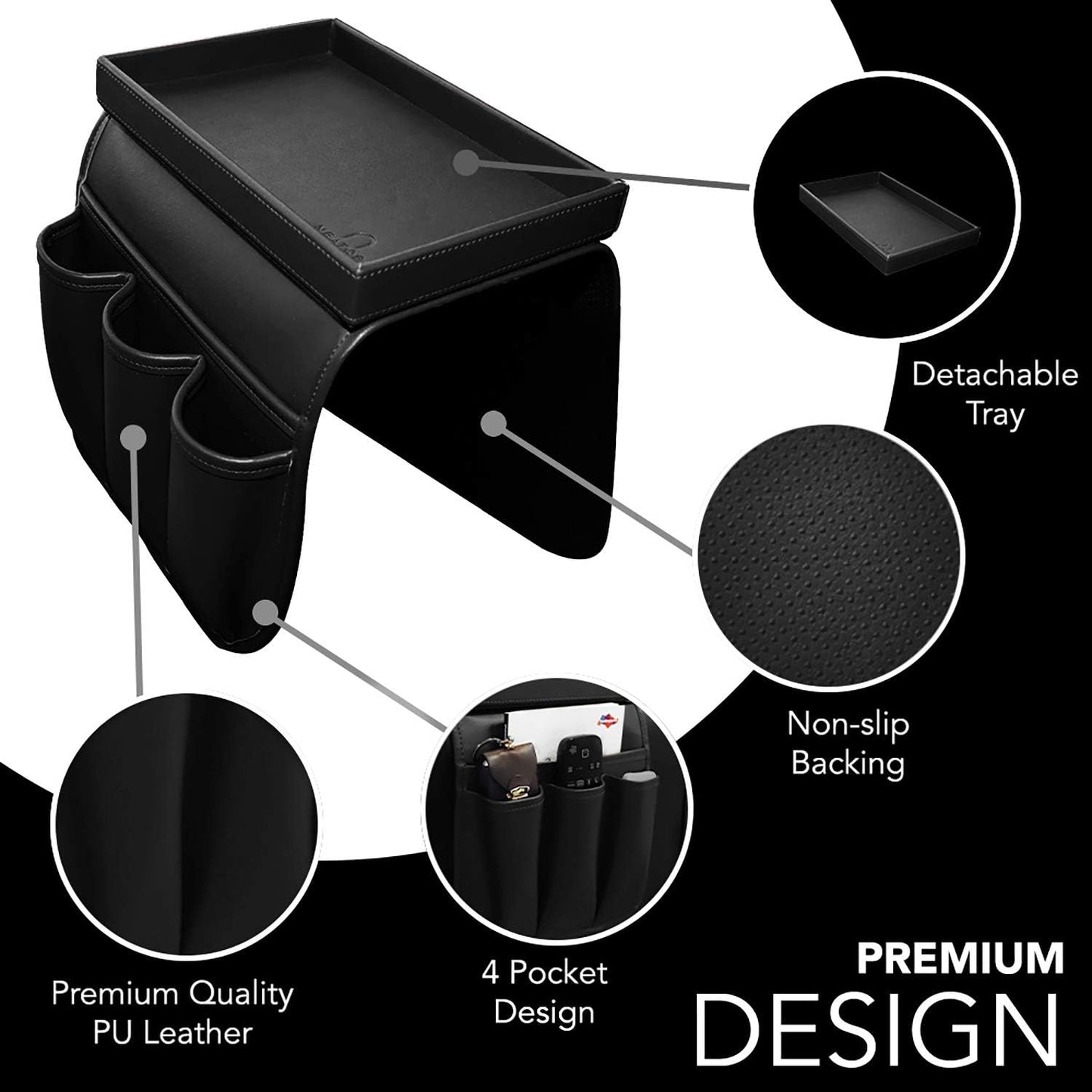 NEATOPA Couch Remote Caddy Control Holder Sofa Organizer with Detachable Wooden Snack Tray for Recliner Mattresses Chair Armrests with 4 Slots - 1 Large Pockets and 3 Small Pockets (Brown)