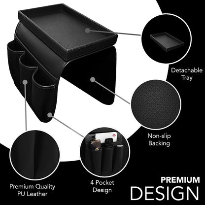 NEATOPA Couch Remote Caddy Control Holder Sofa Organizer with Detachable Wooden Snack Tray for Recliner Mattresses Chair Armrests with 4 Slots - 1 Large Pockets and 3 Small Pockets (Brown)