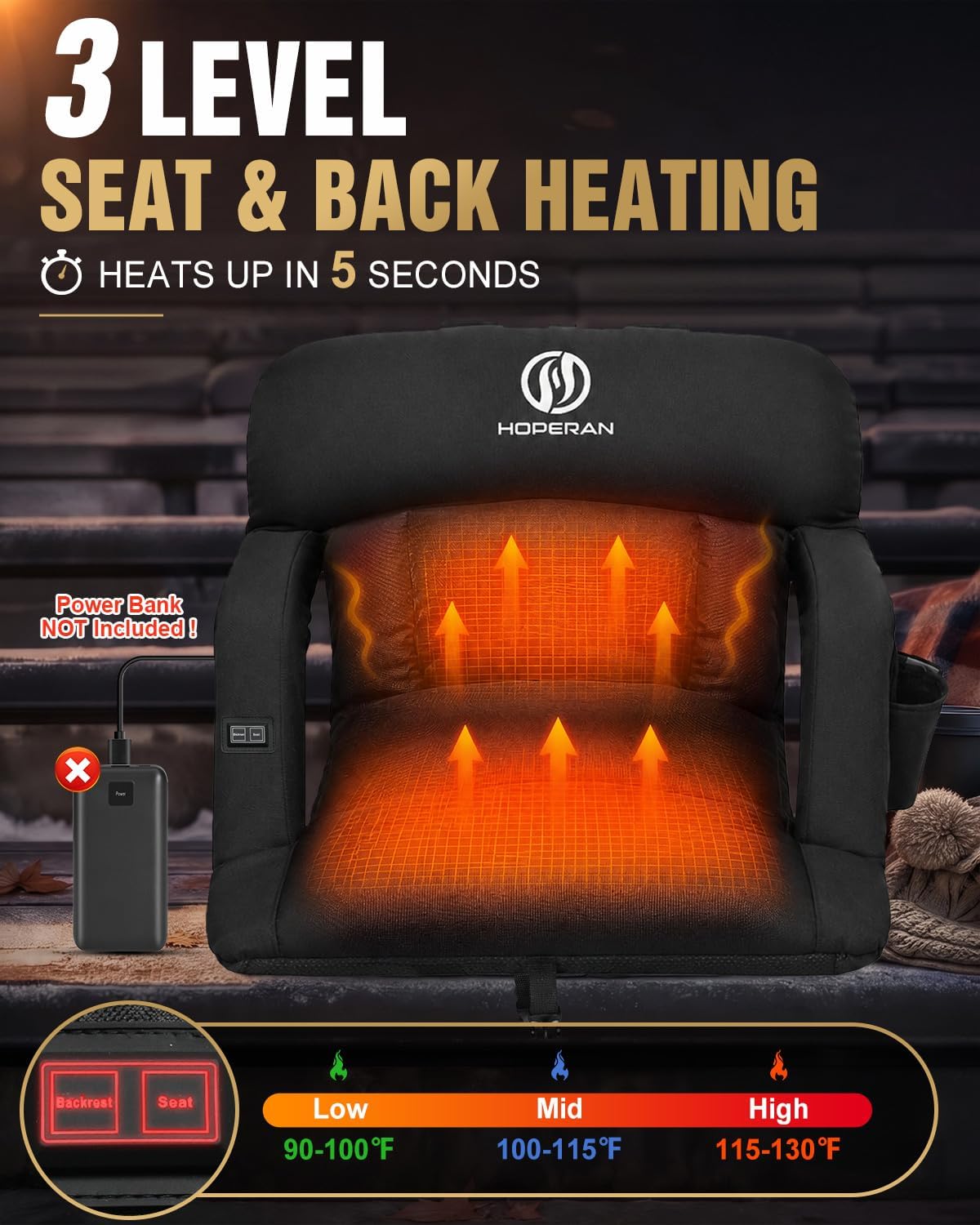 HOPERAN 25in Heated Stadium Seats for Bleachers, 4.3" Extra Thick, Pink | Super Soft Sofa-Style, Independent Seat&Back 3 Level Heat (NO Battery), 6 Recliner, Anti-Slip, Side Pockets, Backpack Straps