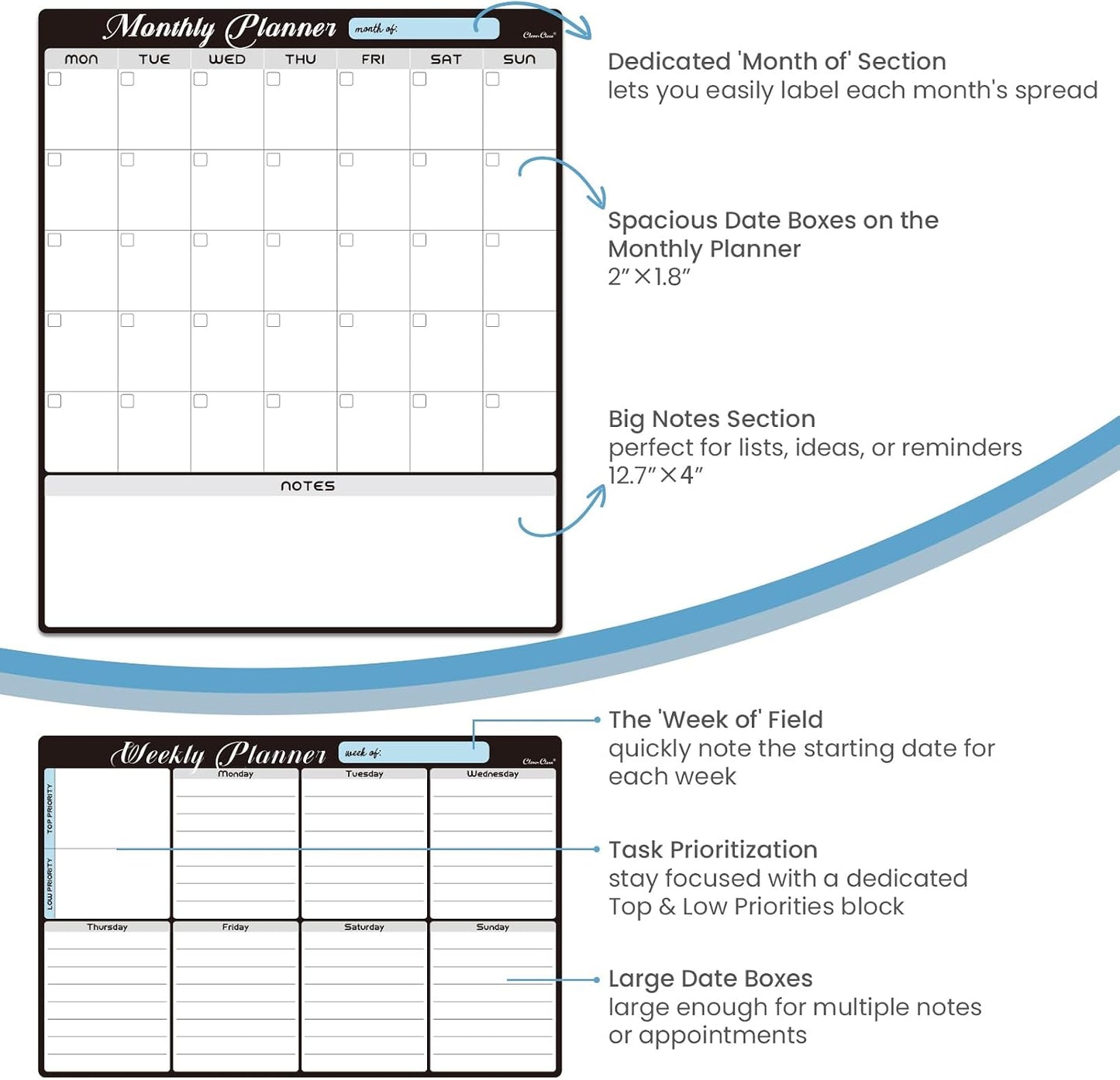 Magnetic Dry Erase Monthly Calendar Set - 15.5"x13" Monthly and 8.5"x13" Weekly Calendar for Fridge - 6 Extra Fine Point Markers Included - Shipped Flat