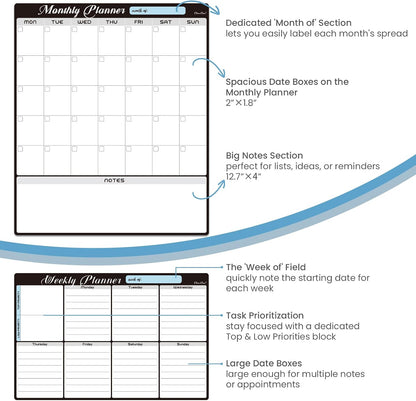 Magnetic Dry Erase Monthly Calendar Set - 15.5"x13" Monthly and 8.5"x13" Weekly Calendar for Fridge - 6 Extra Fine Point Markers Included - Shipped Flat