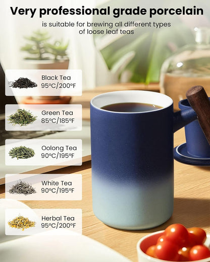Tea Cup with Infuser and Lid,15 oz Ceramic Loose Leaf Tea Mug,Blue | All Ceramic Infuser &Wooden Handle,Hand Wash Only,Metal-Free,Lead-Free,BPA-Free,Warm Gift for Tea Lovers