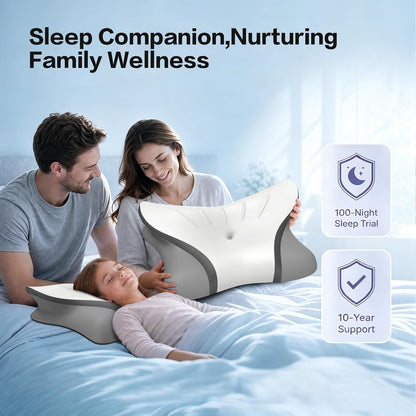 Pain Relief Cervical Neck Pillow, Ergonomic Contour | Q-Max Cooling | Non-Temperature Memory Foam | Side/Back/Stomach Sleeper Support for Sleeping, Reading, Scrolling,(White&Grey)