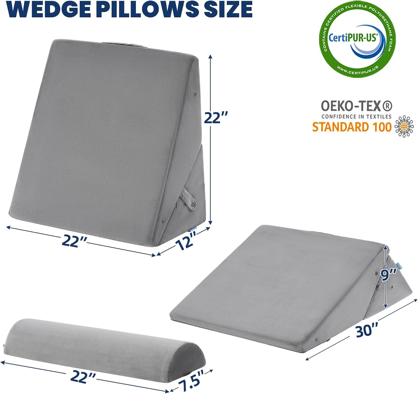 BDEUS 3PCS Wedge Pillows for Sleeping Bed Wedge Pillow 9&12 Inch Adjustable Triangle Pillow Wedge with Premium Half-Moon Memory Foam Bolster Pillow