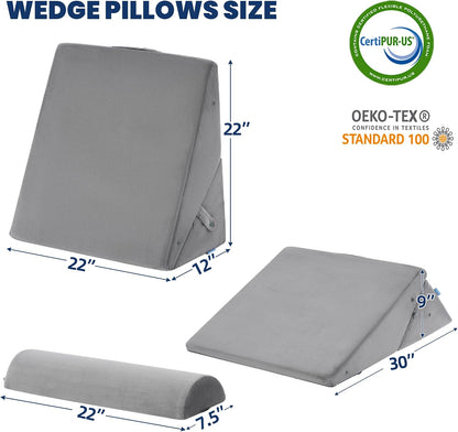BDEUS 3PCS Wedge Pillows for Sleeping Bed Wedge Pillow 9&12 Inch Adjustable Triangle Pillow Wedge with Premium Half-Moon Memory Foam Bolster Pillow