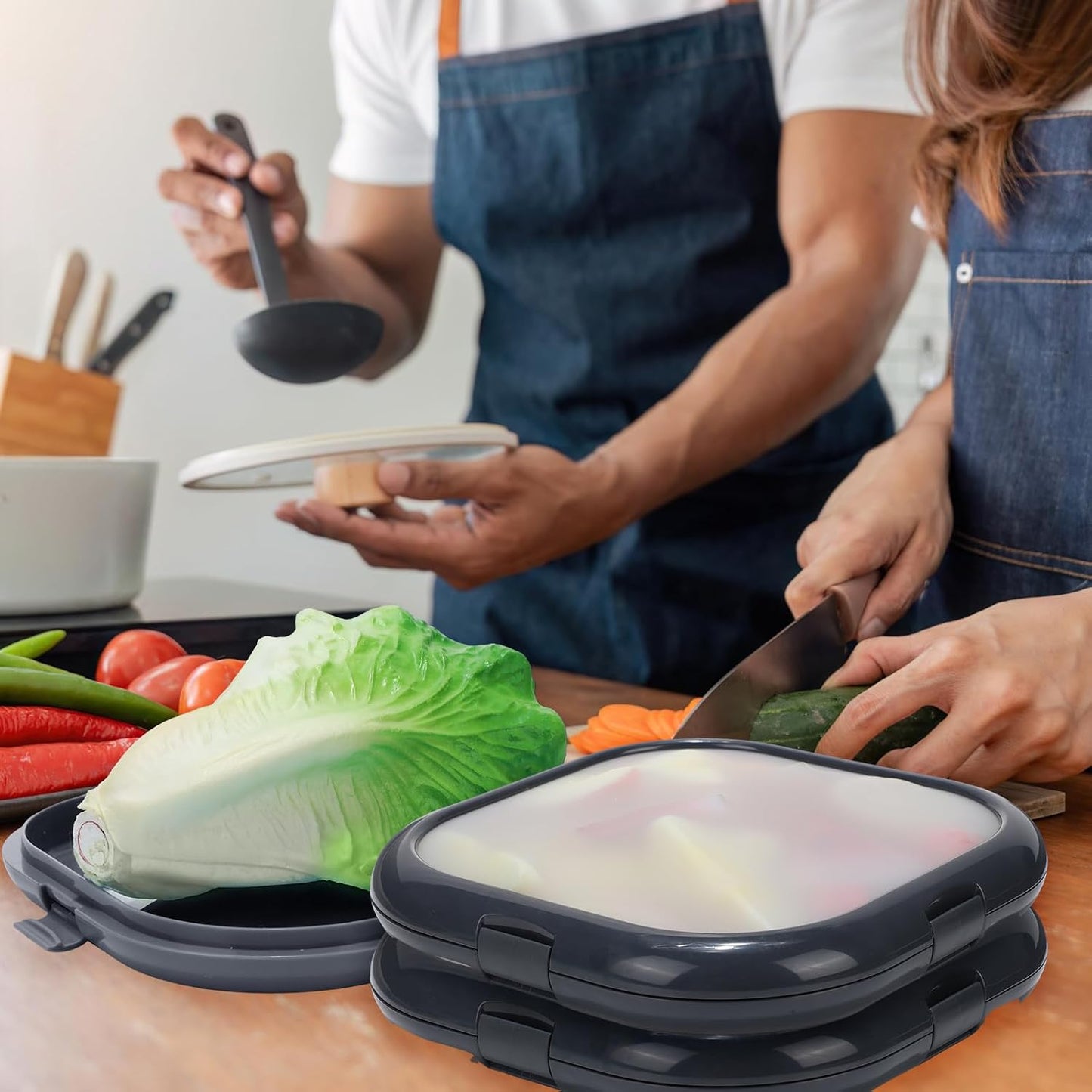 Nuogo 4 Pcs Silicone Food Storage Containers, Fruit Storage Box, Onion Keeper, Avocado Saver, Kitchen Organizers for Fridge, Fresh-keeping Design(Red, White,Orange,7.9 x 7.9 x 1.4 Inches)