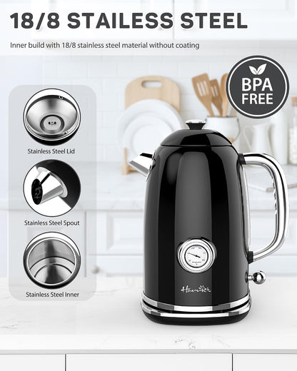 Harriet Electric Kettle, 1.8L Retro Electric Tea Kettle with Thermometer, 1500W Stainless Steel Hot Water Kettle Electric with LED Indicator, Fast Boiling, Cordless, Auto Shut-Off, Yellow