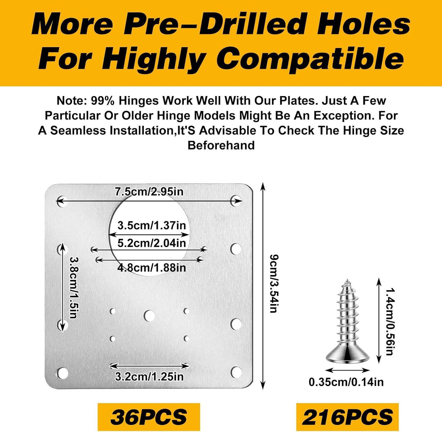 36PCS Cabinet Hinge Repair Plate Kit, Stainless Steel Hinge Repair Board & Brackets with Screws Door Mounting Plate for Kitchen Cabinet, Cupboard, Furniture Door Fix, (3.54"x3.54")
