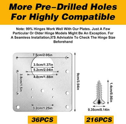 36PCS Cabinet Hinge Repair Plate Kit, Stainless Steel Hinge Repair Board & Brackets with Screws Door Mounting Plate for Kitchen Cabinet, Cupboard, Furniture Door Fix, (3.54"x3.54")