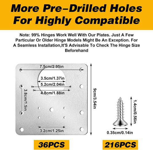 36PCS Cabinet Hinge Repair Plate Kit, Stainless Steel Hinge Repair Board & Brackets with Screws Door Mounting Plate for Kitchen Cabinet, Cupboard, Furniture Door Fix, (3.54"x3.54")