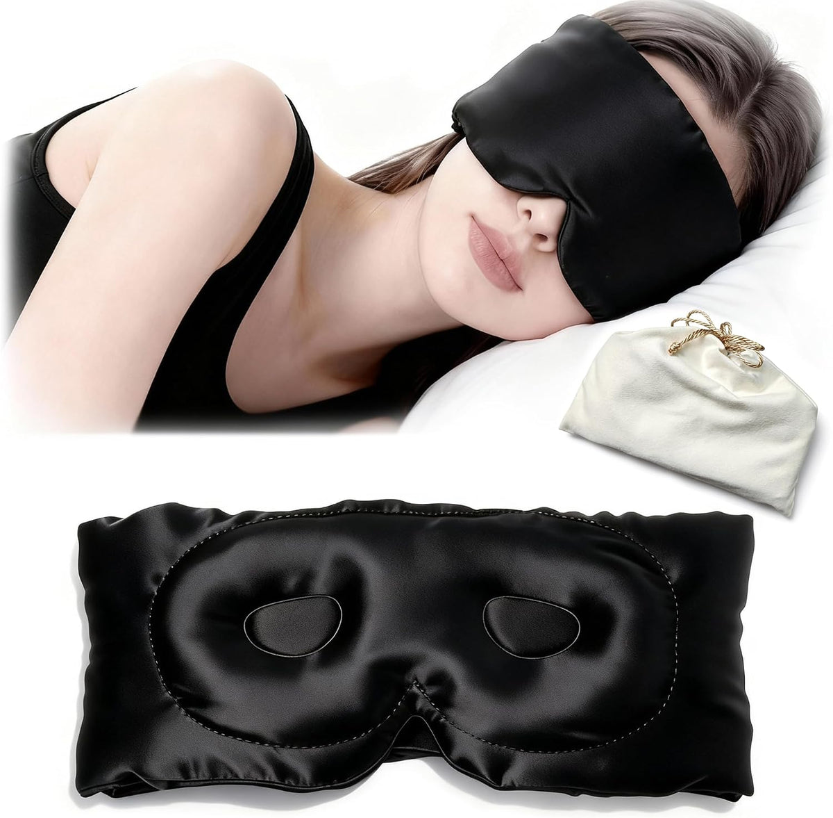 100% Mulberry Silk Sleep Mask for Women & Men – 22 Momme 6A Grade, 3D Contoured Total Blackout Eye Mask for Side Sleepers, Eyelash Extensions, Adjustable Strap, Breathable Blindfold (Black)