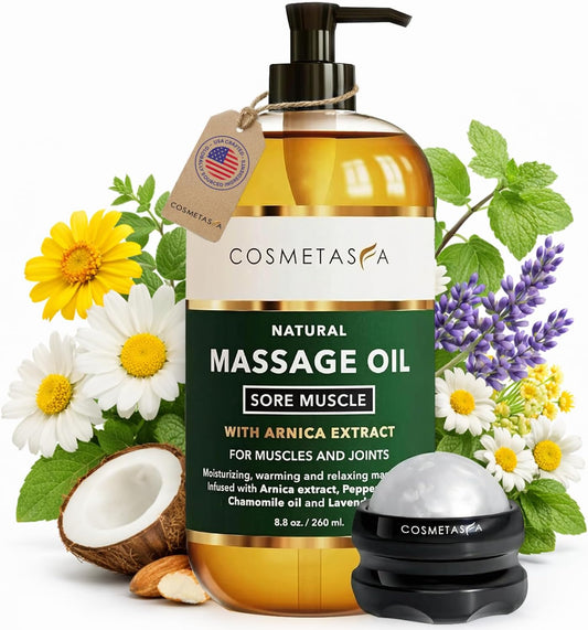 Cosmetasa Massage Oil for Sore Muscle Massage Therapy with Roller - All Natural, Cruelty-Free Massage Oils for Muscle Relaxing & Joint Comfort - Arnica Extract with Lavender & Chamomile Oil (8.8 oz)