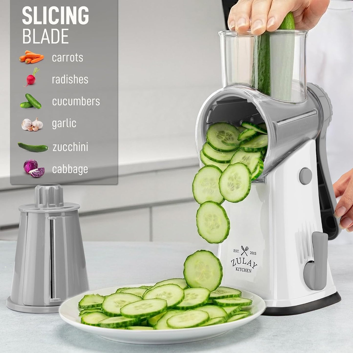Zulay Kitchen Rotary Cheese Grater 5 Blade Cheese Shredder - Manual Hand Crank Cheese Grater With Reinforced Suction & 5 Interchangeable Drums - Easy to Use, Vegetable Chopper Round Mandoline Slicer - Colors B
