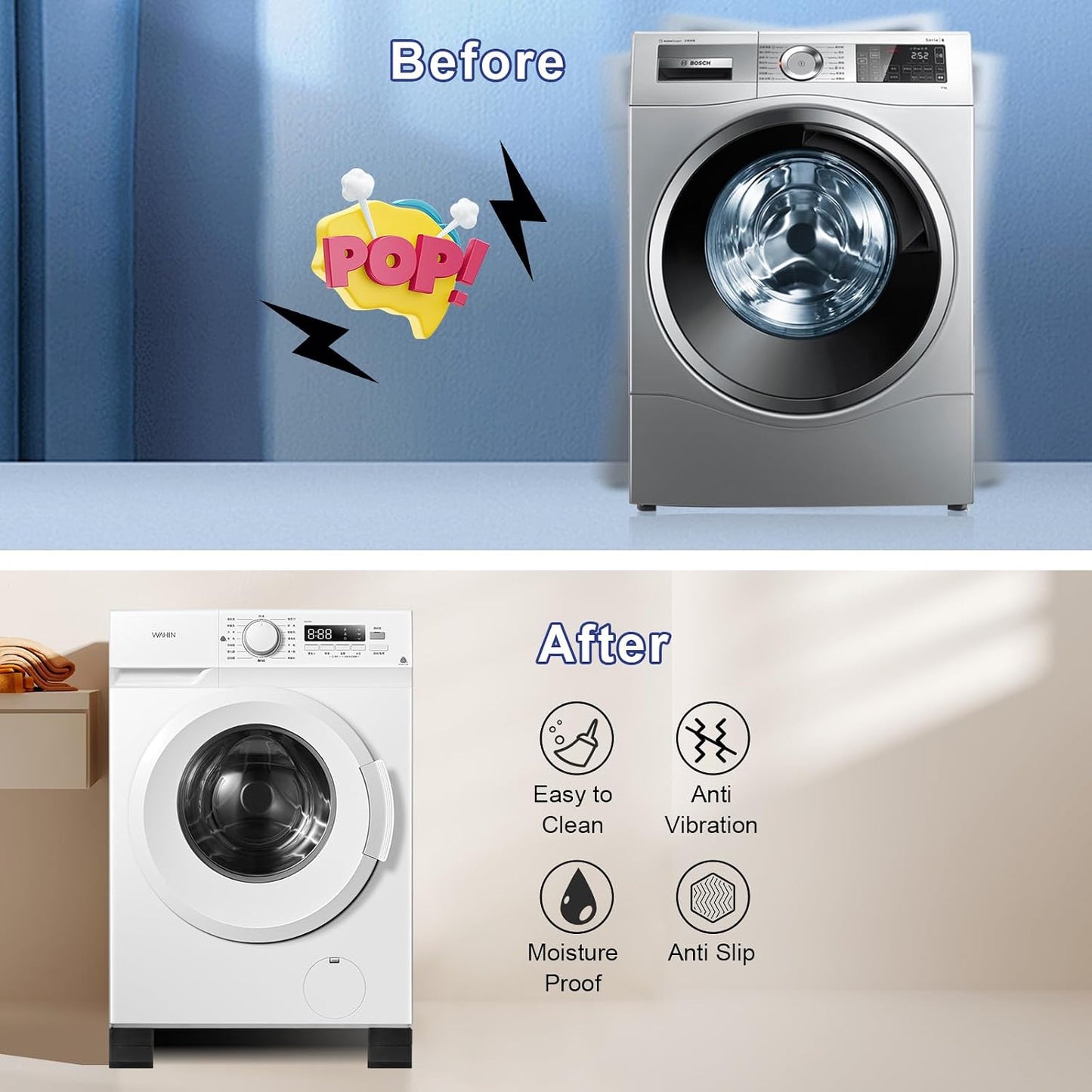 4Pcs Anti Vibration Pads for Washing Machine, Reduce Washer Dryer Moving | Washer and Dryer Pedestals,Prevents Noise Vibration Transfer, Antivibration Stabilizer Support Feet (Increase1.8in)