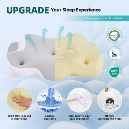 Sweetcrispy Cervical Pillow for Neck Pain, Ergonomic Contour Memory Foam Pillow with Detachable Roll Support, Cooling Breathable Cover for Side Back Stomach Sleepers