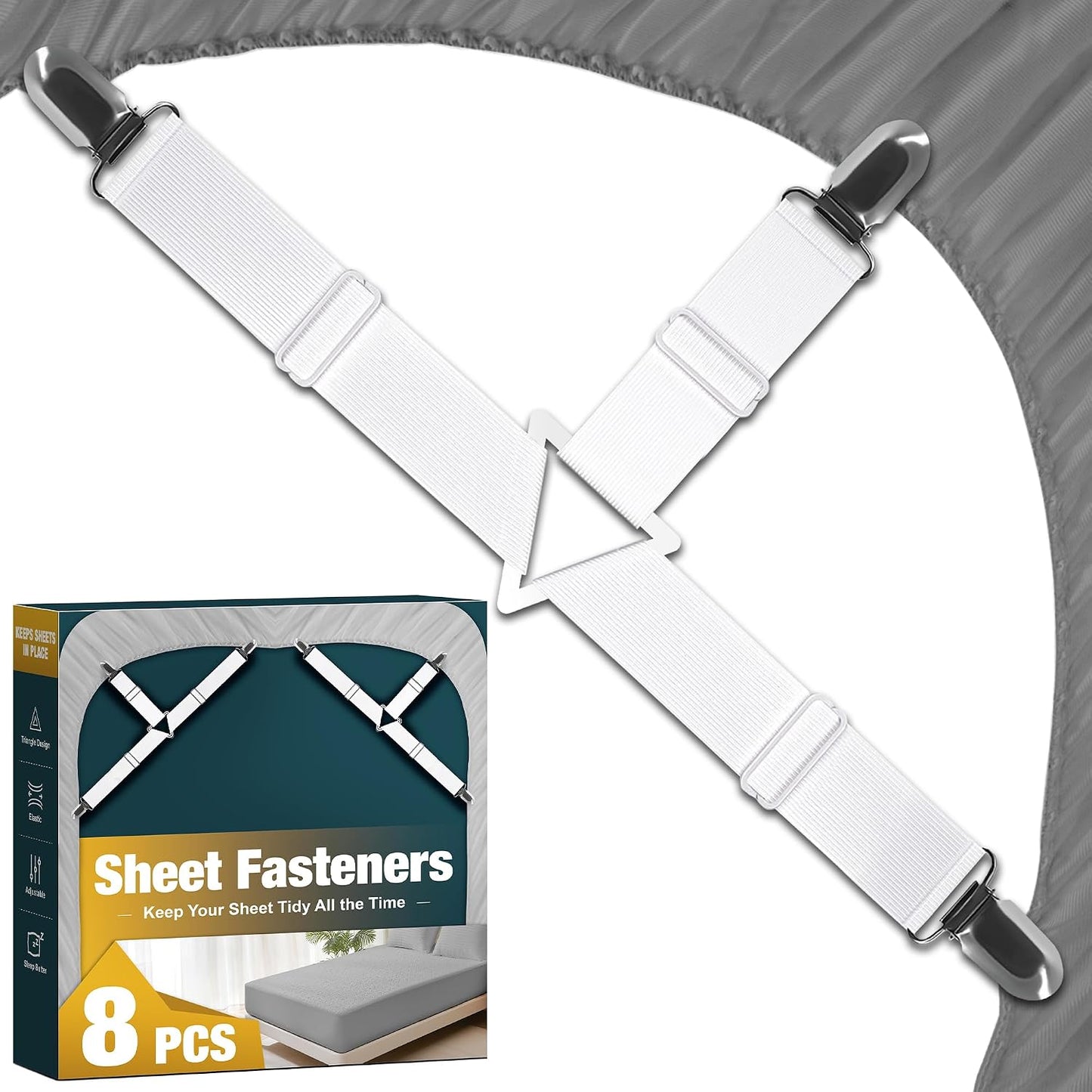 4 Pack Adjustable Elastic Straps with Metal Clips, Bed Sheet Fasteners, Bedding Suspenders for Mattress Covers, Bed Corner Holders and Keepers (White)