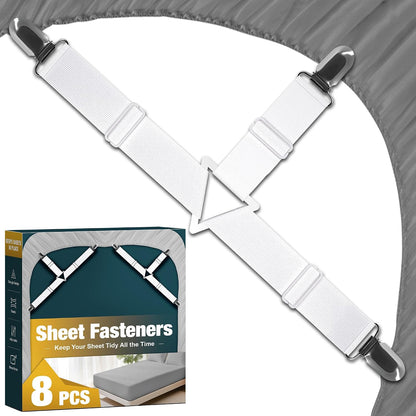 4 Pack Adjustable Elastic Straps with Metal Clips, Bed Sheet Fasteners, Bedding Suspenders for Mattress Covers, Bed Corner Holders and Keepers (White)
