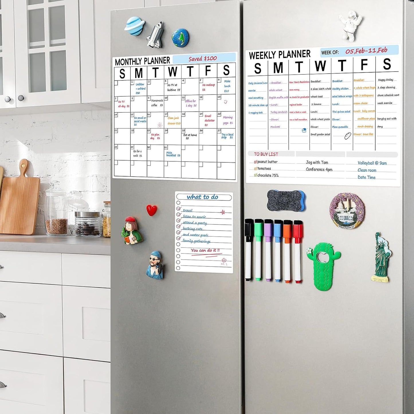 3 Pack Dry Erase Magnetic Calendar for Refrigerator - Monthly & Weekly & Daily Planner Magnet Whiteboard for Fridge Wall - Shopping, Meal/Menu, To Do List, Family Schedule Planning Board (10HB-RIZH3)
