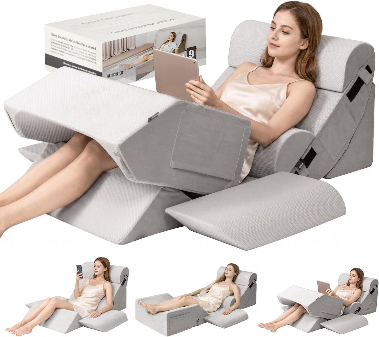 FifthQuarter 9PCS Orthopedic Wedge Pillow Set for After Surgery | Adjustable Upright Back Support, 40D Memory Foam and 25D High Density Foam, Elevates Body, Post Surgery Recovery Bed Sleeping