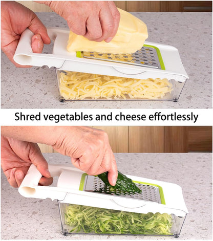 NACOLUS Cheese Grater with Container,5 In 1 Mandoline Slicer for Kitchen,Multi Purpose Vegetable Slicer, Easy to Clean Vegetable Chopper,Cheese Shredder,Julienne Slicer and Peeler | all-in-one vegetable slicer&cheese grater,with container or use
