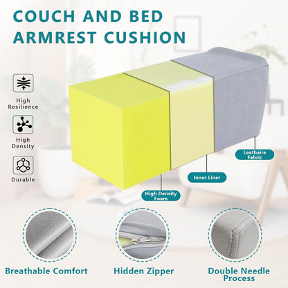 2 Pack Couch Arm Rest Pillow, 6''x6''x20'' Faux Leather Waterproof Cover, High Density Foam Armrest Cushion, Removable & Washable Elbow Support for Sofa, Bed, and Armchair (Medium Grey)