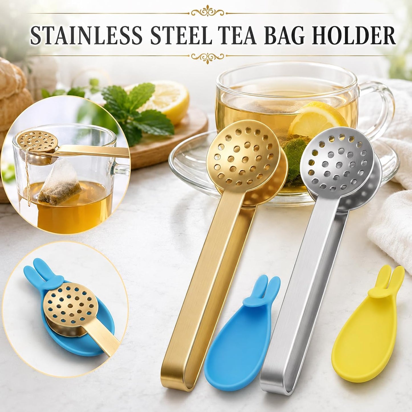 4Pcs Tea Bag Squeezer, Stainless Steel Tea Tongs with Rabbit Te a Bags Hangers, Teas Bag Dispenser Strainers Filters, Te a Bags Tongs For Gripping Loosing Ice Sugar Lemon Slice