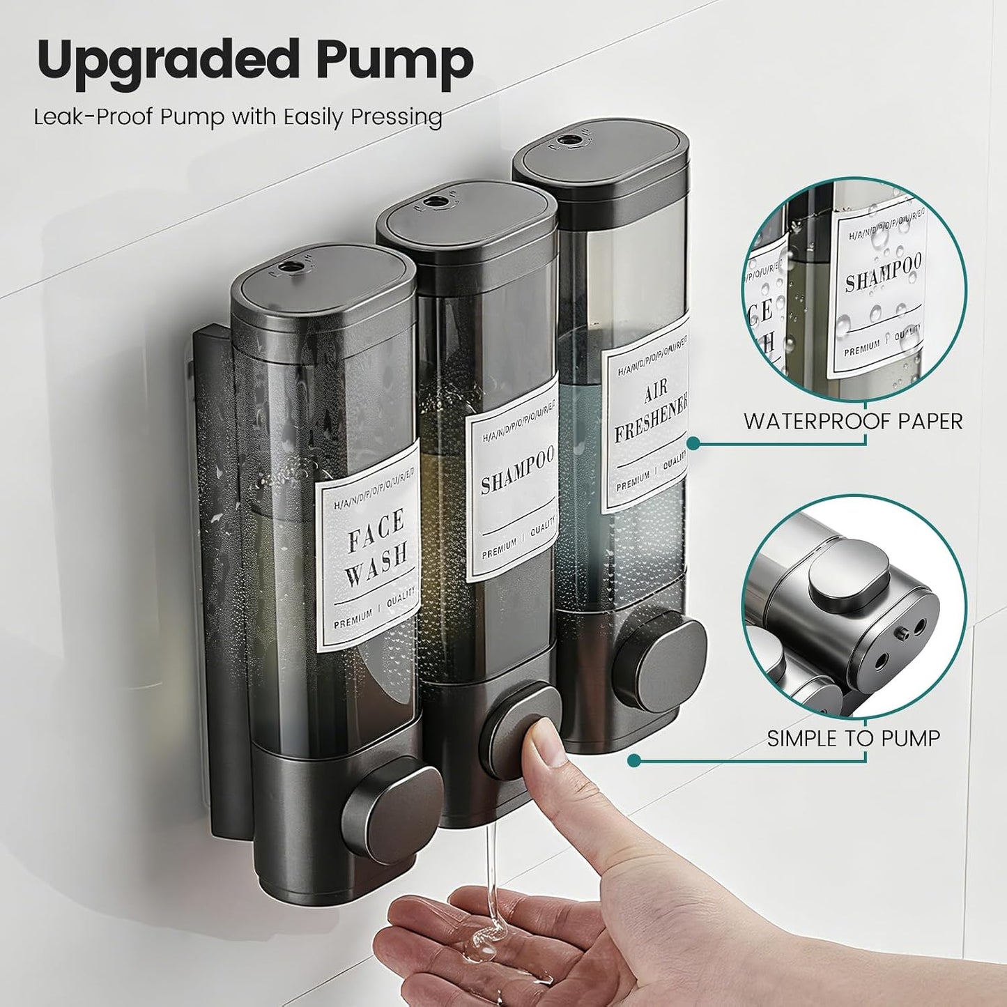 Wall Mounted Shower Soap Dispenser 3 Chamber,No Drill Shower Dispenser | Shampoo and Conditioner Dispenser for Bathroom Hotel Large Capacity, each 300ml with two waterproof labels,Gold
