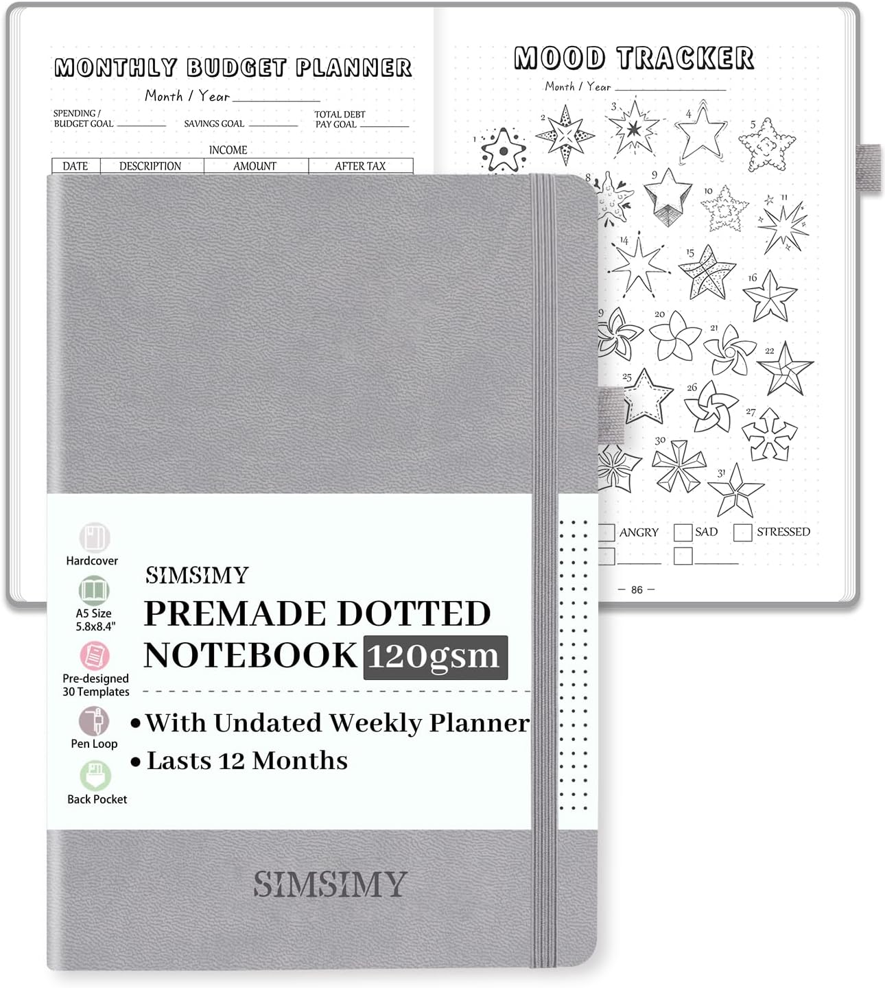 Premade Dotted Journal Notebook with Bullet Templates, Pre-made Dot Grid Journaling with Undated Weekly & Monthly Planner, Various Trackers - 12 Month Organization, A5 Hardcover