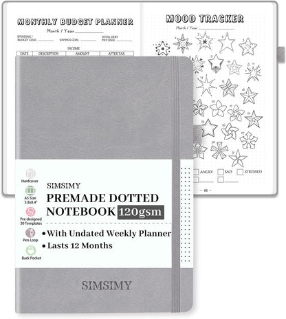 Premade Dotted Journal Notebook with Bullet Templates, Pre-made Dot Grid Journaling with Undated Weekly & Monthly Planner, Various Trackers - 12 Month Organization, A5 Hardcover