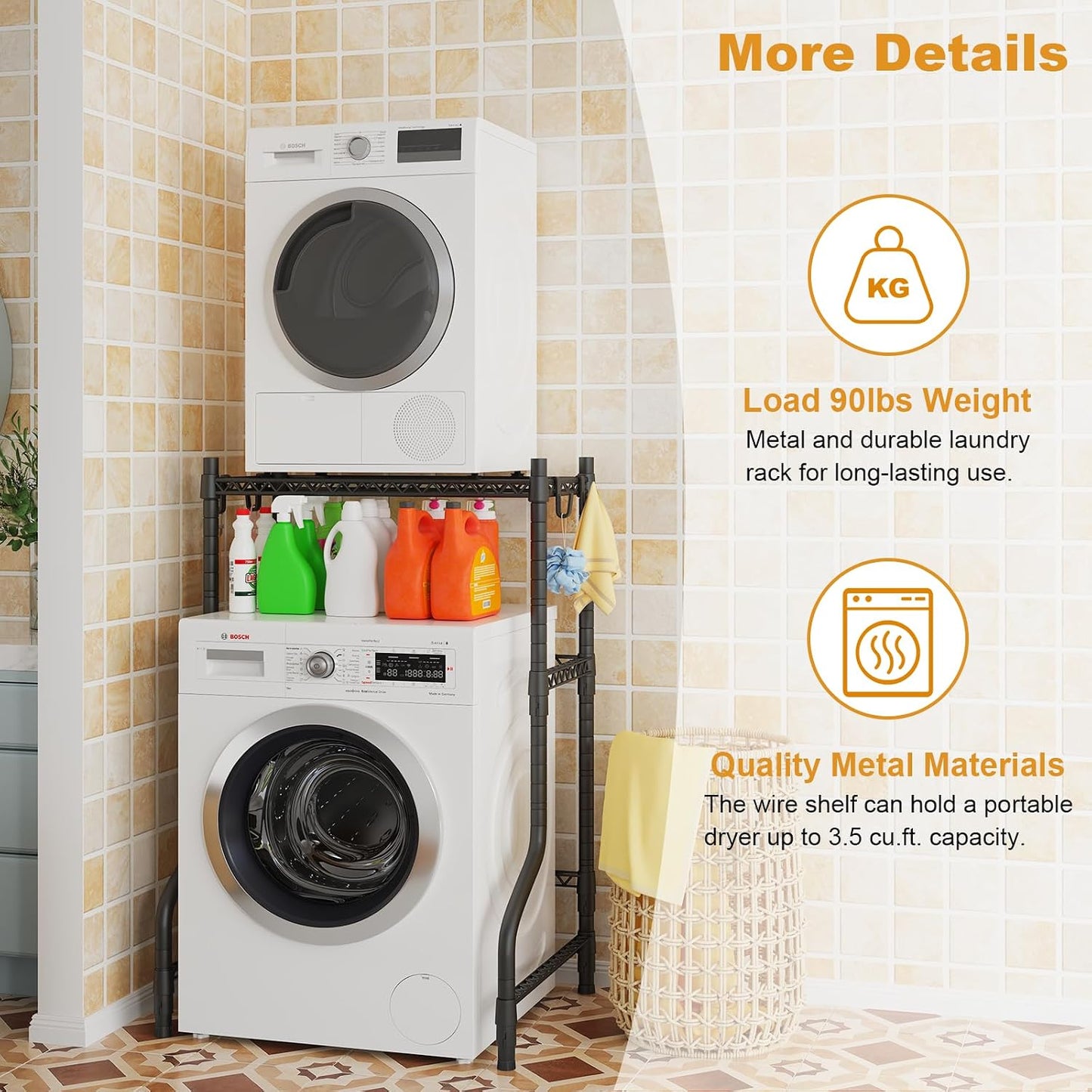 U16 Upgraded Washer Dryer Stacking Rack for Narrow Laundry Room | Metal Over Washer and Dryer Storage Shelves, Laundry Space Saver for Portable Dryer, 29.5"W x 23.6"D x 53.1"H, White