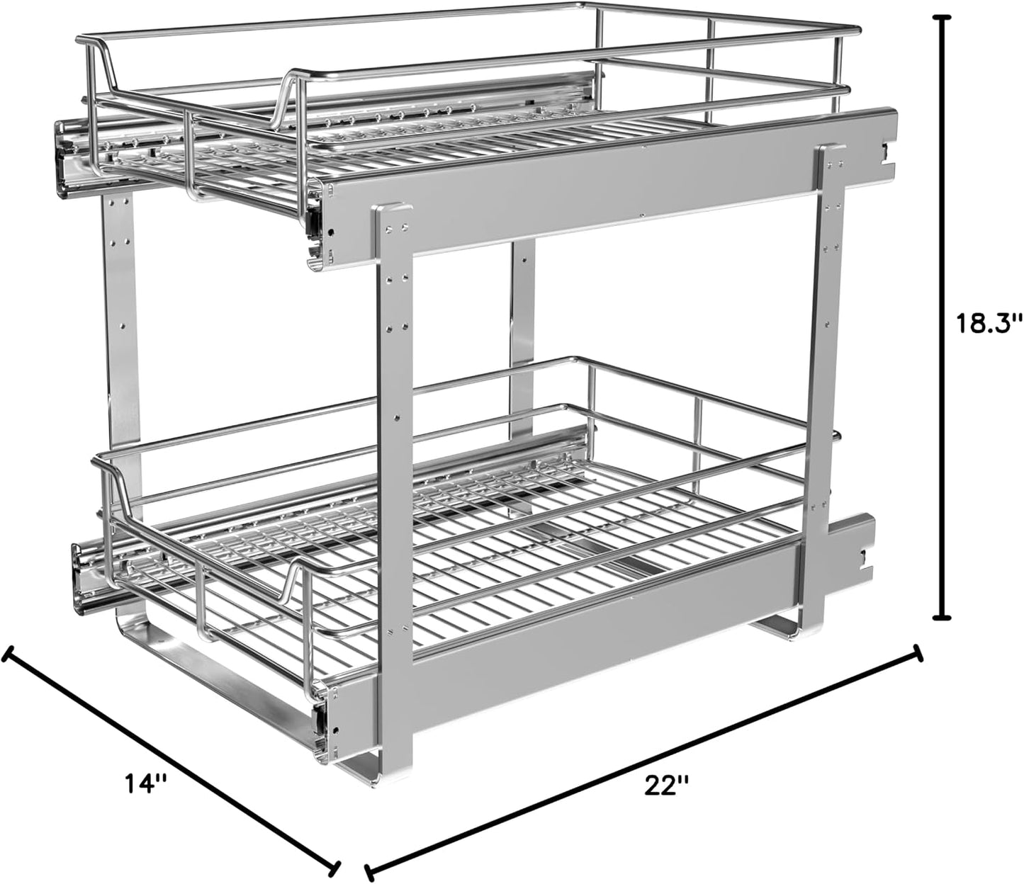 2-Tier Cabinet Pull Out Shelves, 14" W x 22" D, Chrome | Heavy-Gauge Wire Kitchen Cabinet Organizer, 100 lbs Capacity, Ball-Bearing Glides, Min 15" Opening, For Tupperware & Bowls