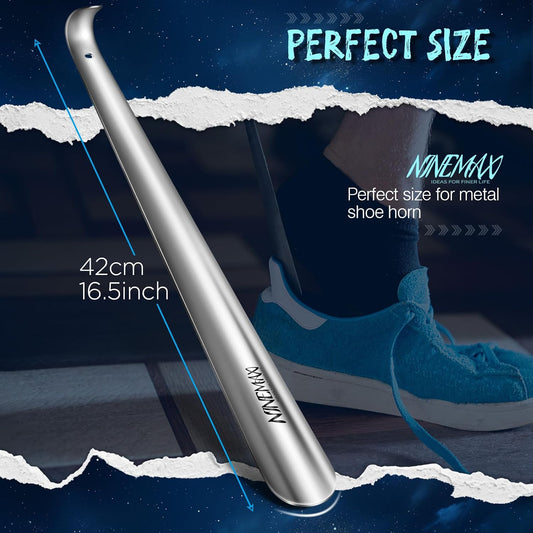 NINEMAX Extra Long Handle Shoe Horn (16.5") & (7.5") Travel Shoe Horns, 2 Pack Metal Shoe Horns for Seniors, Men, Women, Kids | 2 Size Shoe Horn Set, Stainless Steel Design, 16.5" Long Handle For Seniors, 7.5" Travel Size Fits Bags, Daily Shoe Helper