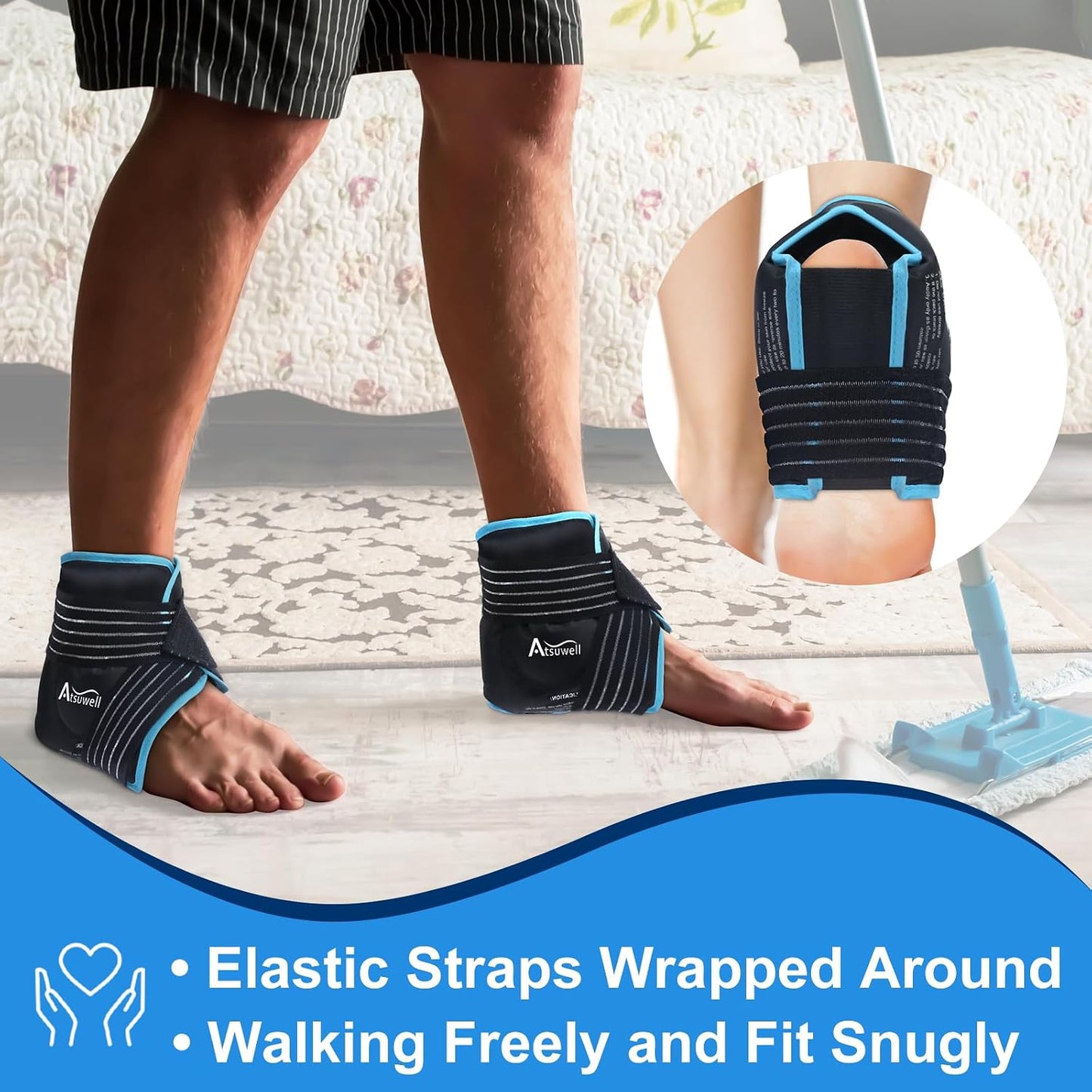 Atsuwell Ankle Ice Pack Wrap 2 Packs for Swelling & Spraine Relief, Black | Ease Plantar Fasciitis & Achilles tendonitis, Flexible Gel Wrap, Soft Plush Inner, Hands-Free Strap for Post-Surgery Recovery