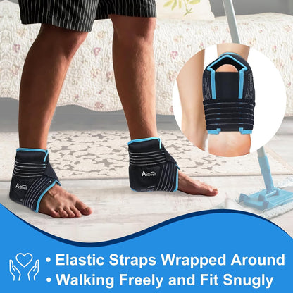 Atsuwell Ankle Ice Pack Wrap 2 Packs for Swelling & Spraine Relief, Black | Ease Plantar Fasciitis & Achilles tendonitis, Flexible Gel Wrap, Soft Plush Inner, Hands-Free Strap for Post-Surgery Recovery