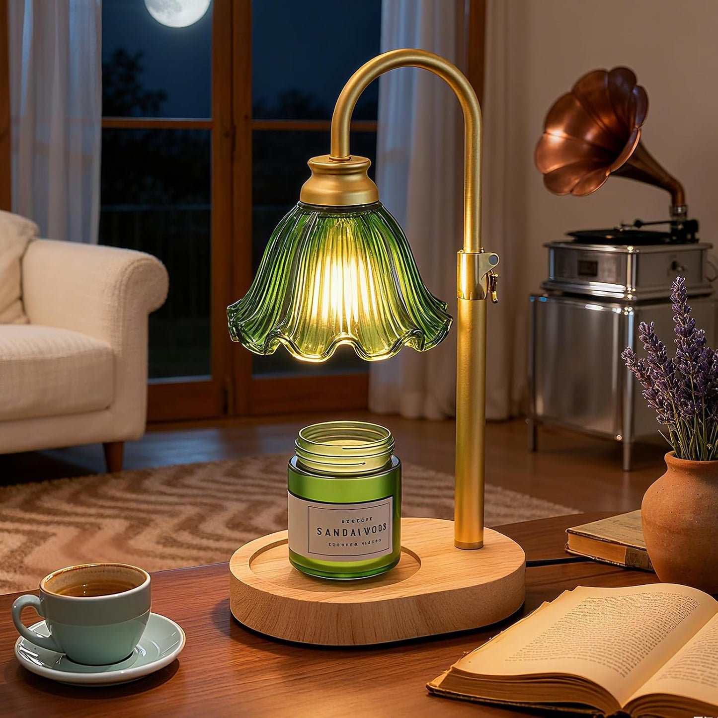 Flower Candle Warmer Lamp,Adjustable Timer & Dimmer(Green) | Adjustable height fits jars. Timer & dimmer safe melt. 2 bulbs & heat-proof base. Perfect for bedroom, office, or gifting.