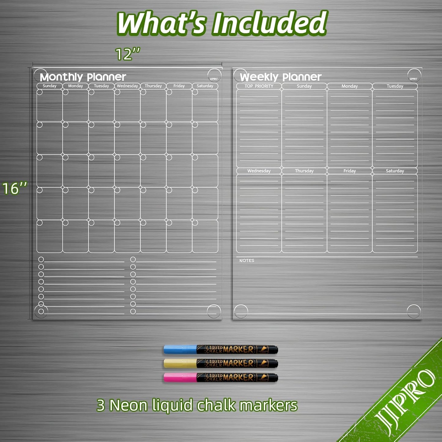 JJPRO Non-Magnetic Dry Erase Monthly Calendar, Clear Weekly Meal Board for Fridge -Starts Sunday,12"x16" Reusable Weekly Planner Stick to Fridge,Wall, All Smooth Surfaces