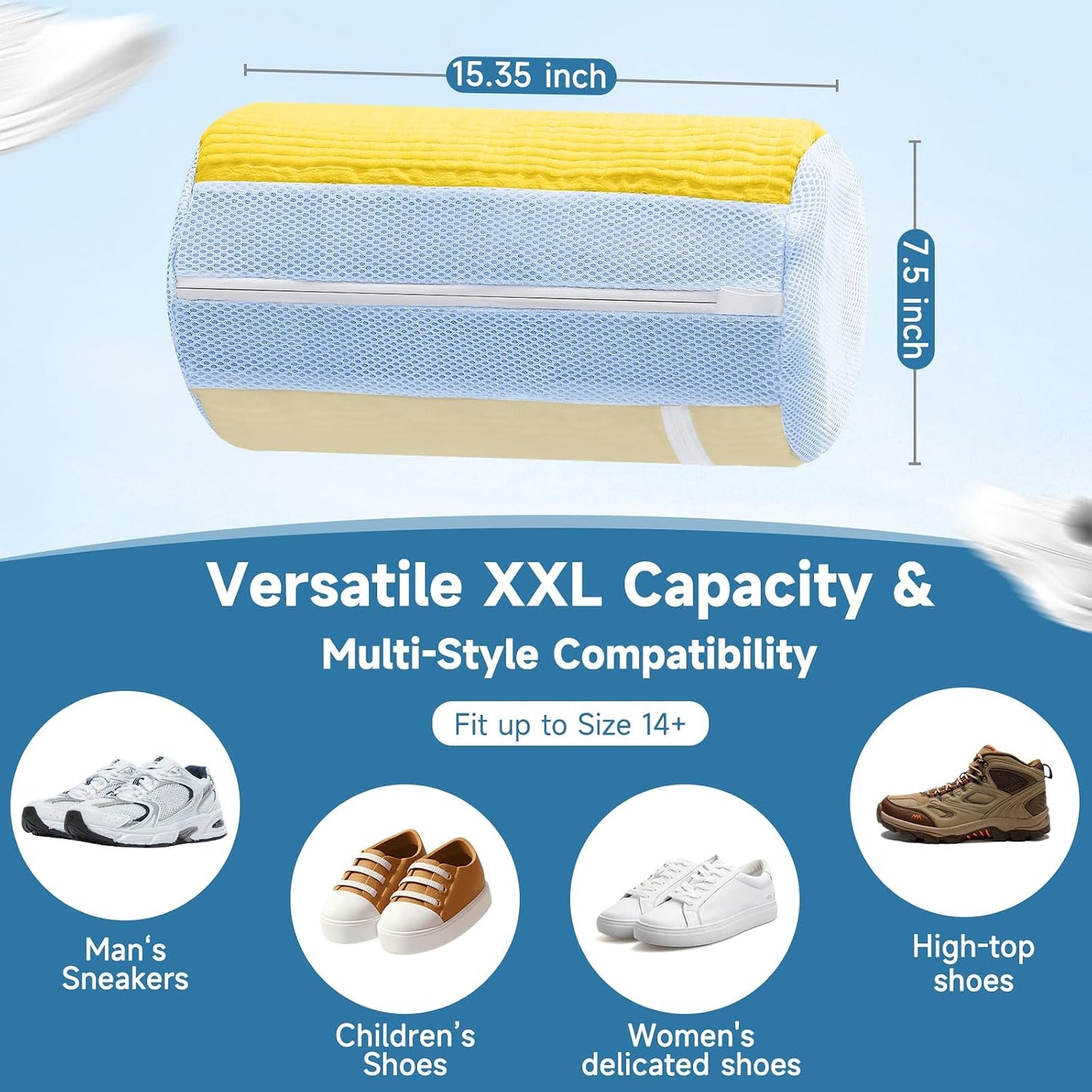 2PCS XXL Shoe Washing Machine Bag with Adjustable Shoes Trees - Heavy Duty Reusable Shoe Laundry Bag for Washer and Dryer - 360° Deep Clean & Protect Chenille Microfiber Sneakers Wash Bags - White