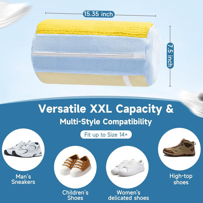 2PCS XXL Shoe Washing Machine Bag with Adjustable Shoes Trees - Heavy Duty Reusable Shoe Laundry Bag for Washer and Dryer - 360° Deep Clean & Protect Chenille Microfiber Sneakers Wash Bags - White