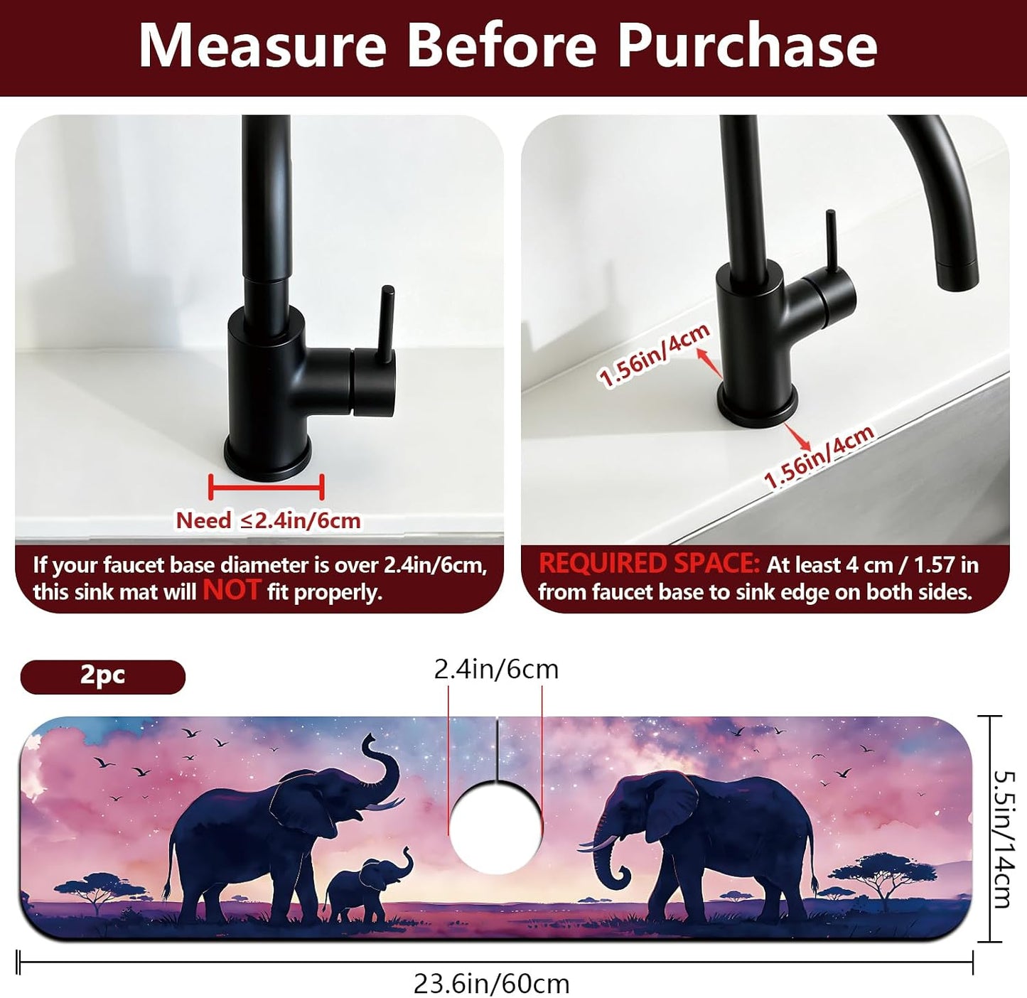 2Pcs Peonies Kitchen Sink Splash Guard Faucet Mat Vintage Florals Faucet Mat For Bathroom Kitchen 5.5x23.6In