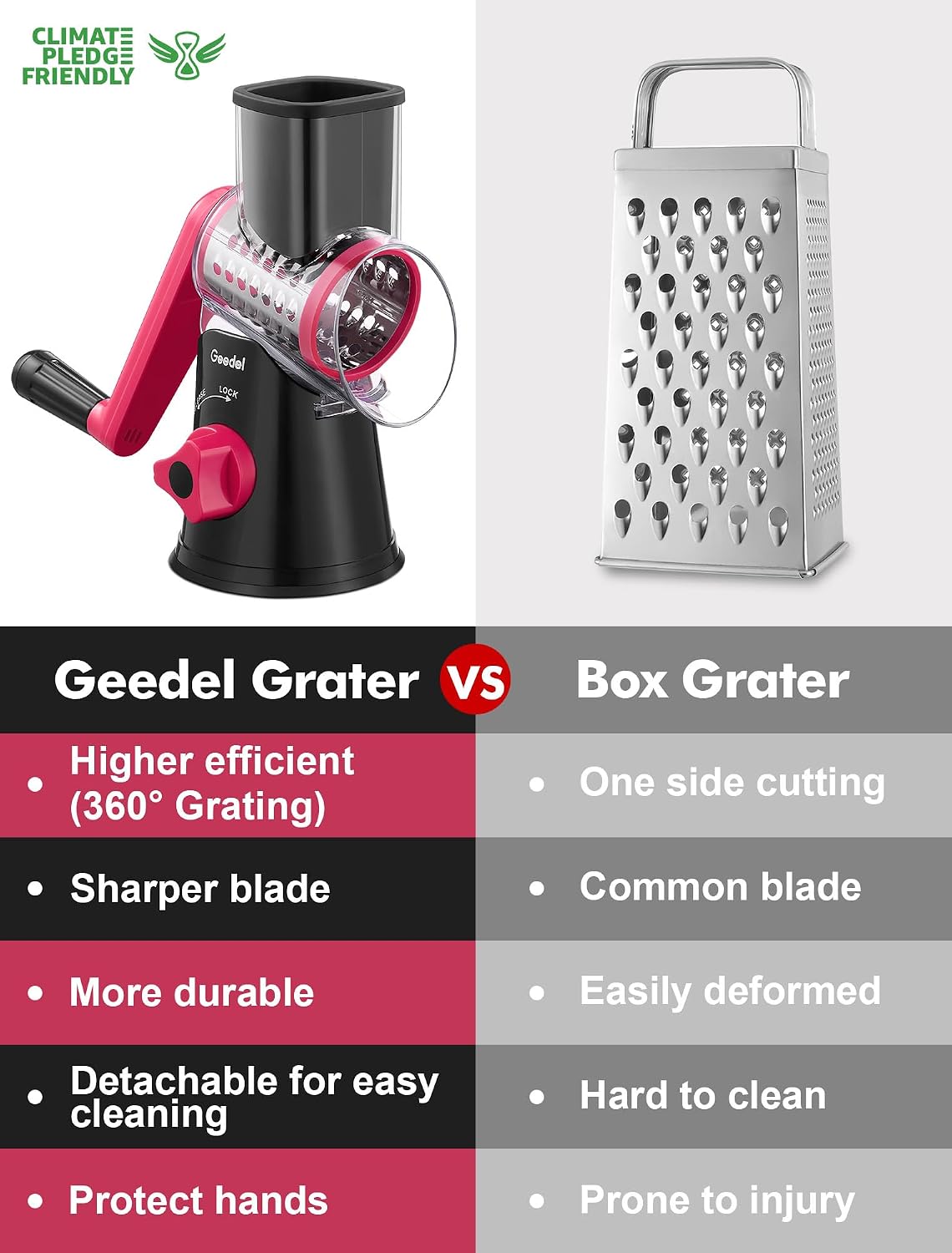 Geedel Rotary Cheese Grater, Kitchen Mandoline Vegetable Slicer with 3 Interchangeable Blades, Easy to Clean Rotary Grater Slicer for Fruit, Vegetables, Nuts | 3 Blades, 430 Stainless Steel, 12x Fast Cutting, Strong Suction Base, No BPA, Dishwasher Safe,